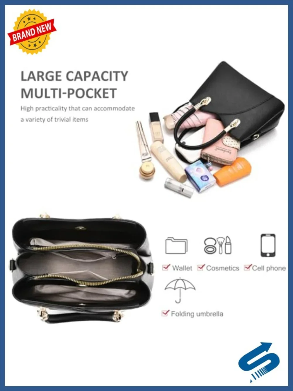 PU Leather Top Handle Tote Bag Women Satchel 3 Compartments Detachable Strap
